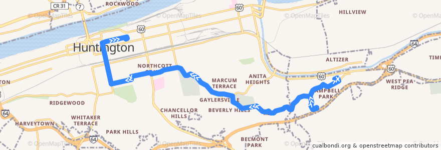 Mapa del recorrido Bus 2: Eastern Heights -> Vo Tech Center -> TTA Center de la línea  en Huntington.