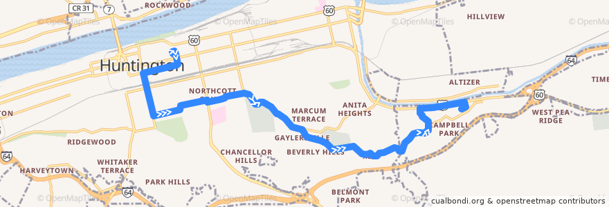 Mapa del recorrido Bus 2: TTA Center -> Eastern Heights de la línea  en Huntington.