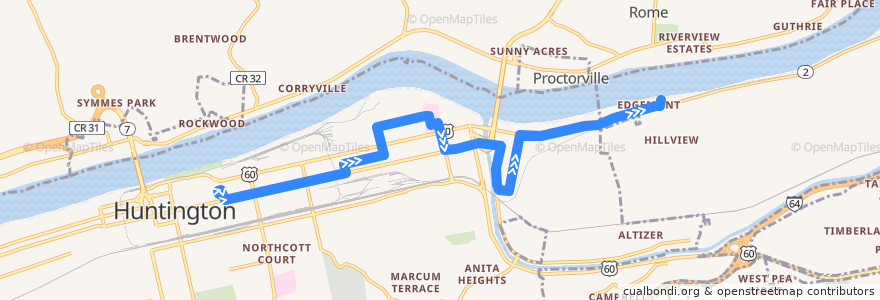 Mapa del recorrido Bus 3: TTA Center -> 46th Street de la línea  en Cabell County.