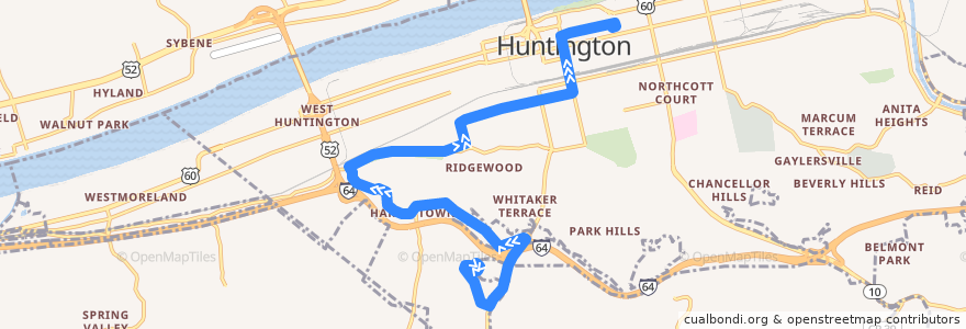 Mapa del recorrido Bus 4: Mountwest -> TTA Center de la línea  en Huntington.