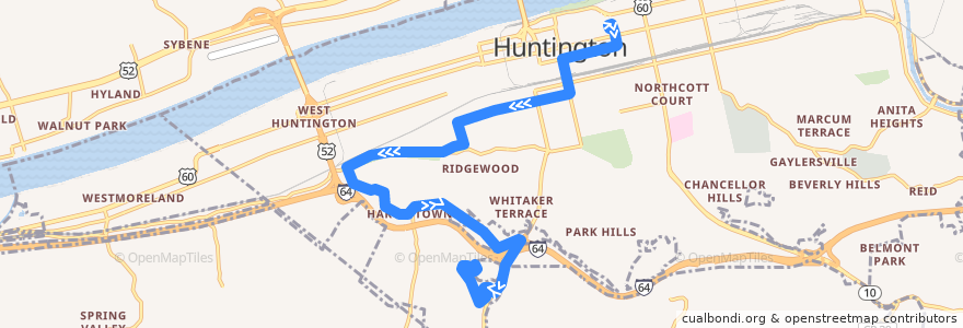 Mapa del recorrido Bus 4: TTA Center -> Mountwest de la línea  en Huntington.