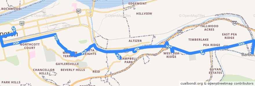 Mapa del recorrido Bus 5: TTA Center -> East Hills Plaza -> Water Street/Farmdale Road de la línea  en Cabell County.