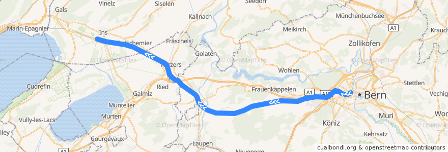 Mapa del recorrido S52: Bern => Ins de la línea  en Verwaltungsregion Bern-Mittelland.