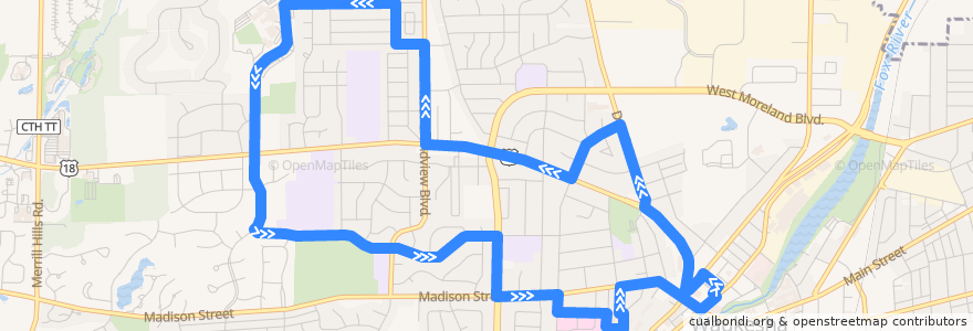 Mapa del recorrido Waukesha Metro Route 7/8 de la línea  en Waukesha.