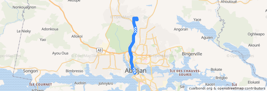 Mapa del recorrido Bus 15 : Gare Sud Plateau → Terminus 15 Gare SOTRA Abobo Sogefiha de la línea  en Абиджан.