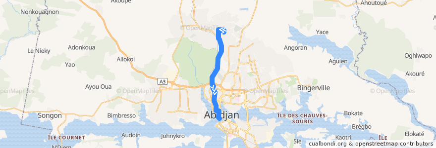 Mapa del recorrido Bus 15 : Gare SOTRA Abobo Sogefiha → Gare Sud SOTRA Plateau Terminus 15 de la línea  en Abican.