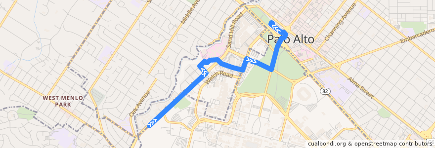 Mapa del recorrido Marguerite S: Oak Creek Apartments => Palo Alto Transit Center (mornings) de la línea  en Menlo Park.