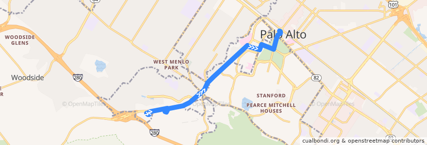 Mapa del recorrido Marguerite S: Rosewood Hotel => Palo Alto Transit Center (evenings) de la línea  en Kaliforniya.