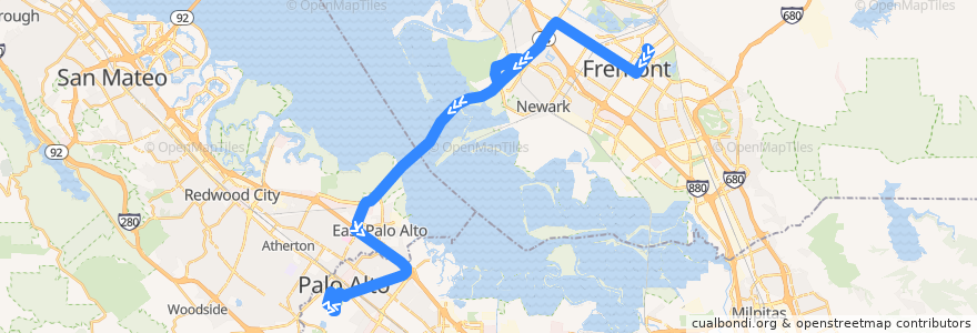 Mapa del recorrido Marguerite AE-F: Fremont BART => Stanford Campus de la línea  en Калифорния.