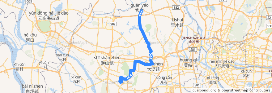 Mapa del recorrido 206B(官窑车站-佛山西站) de la línea  en Shishan Town.