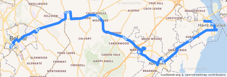 Mapa del recorrido Harford Transit LINK Bus Route 1 Green Line (East) de la línea  en Harford County.