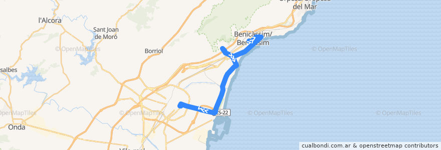 Mapa del recorrido Benicasim → Castellón por el Serradal de la línea  en la Plana Alta.