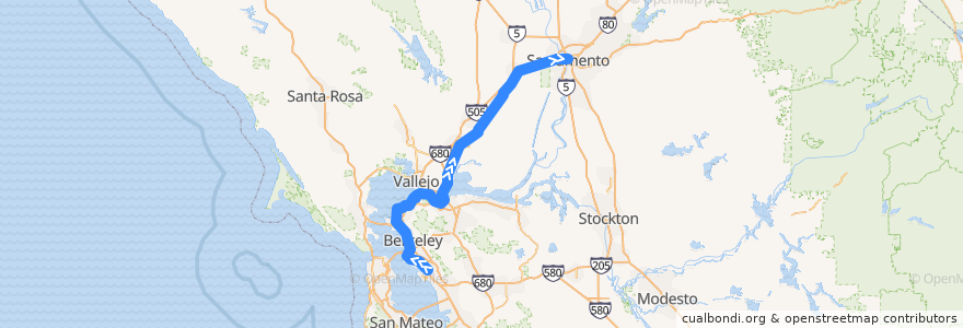 Mapa del recorrido Amtrak Capitol Corridor: Oakland Coliseum => Sacramento de la línea  en California.