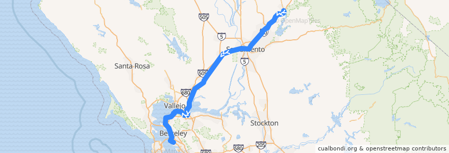 Mapa del recorrido Amtrak Capitol Corridor: Auburn => Oakland Jack London de la línea  en Californie.