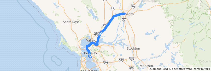 Mapa del recorrido Amtrak Capitol Corridor: Oakland Jack London => Sacramento de la línea  en 加利福尼亚州/加利福尼亞州.