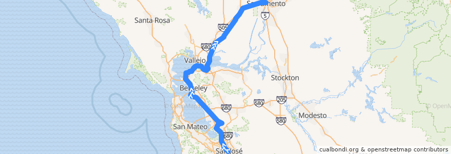 Mapa del recorrido Amtrak Capitol Corridor: San José => Sacramento de la línea  en کالیفرنیا.