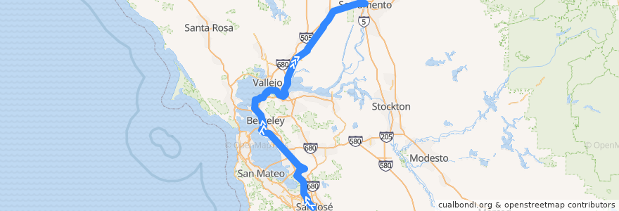 Mapa del recorrido Amtrak Capitol Corridor: San José => Sacramento de la línea  en カリフォルニア州.