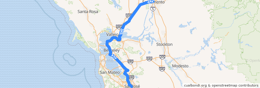 Mapa del recorrido Amtrak Capitol Corridor: Sacramento => San José de la línea  en カリフォルニア州.