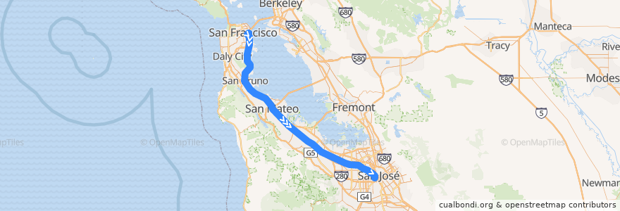 Mapa del recorrido Caltrain Baby Bullet: San Francisco => San José (weekends) de la línea  en Californië.