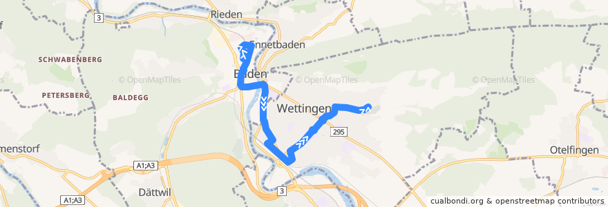 Mapa del recorrido Bus 3: Baden, Bahnhof West => Wettingen, Brunnenwiese de la línea  en Bezirk Baden.