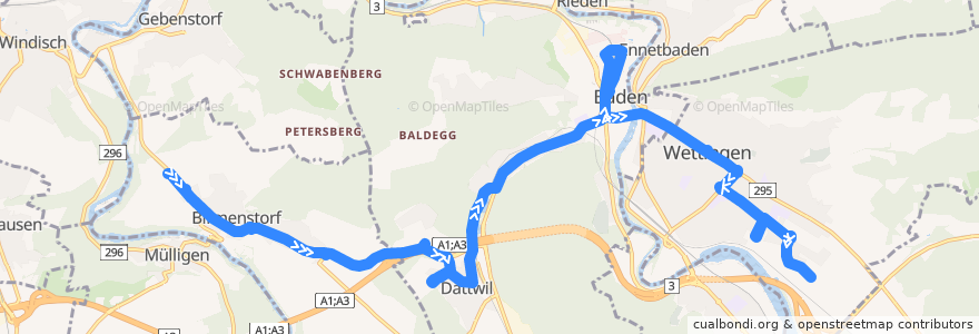 Mapa del recorrido Bus 7: Birmenstorf => Wettingen, Tägi de la línea  en Bezirk Baden.