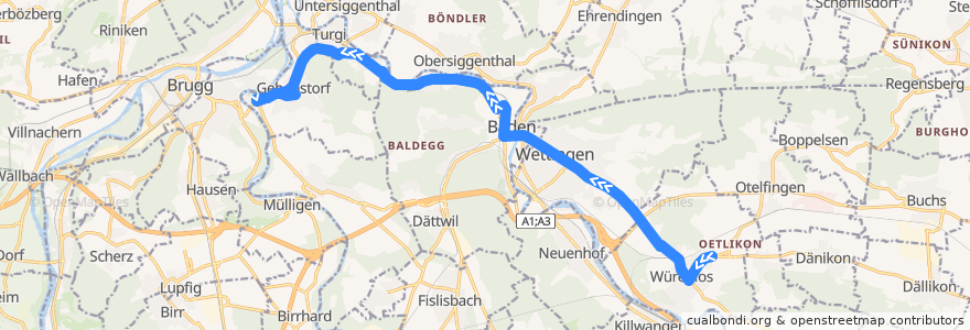 Mapa del recorrido Bus 1: Würenlos => Gebenstorf de la línea  en Bezirk Baden.