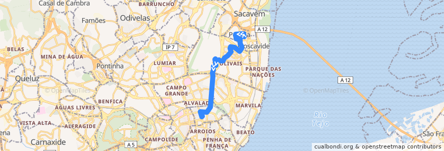 Mapa del recorrido Bus 722: Portela - Rua dos Escritores → Praça de Londres de la línea  en Lisboa.