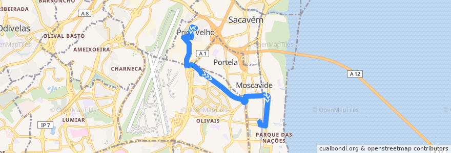 Mapa del recorrido Bus 725: Prior Velho → Estação do Oriente (Interface) de la línea  en Lisboa.