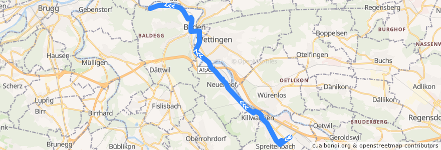 Mapa del recorrido Bus 4: Spreitenbach => Kappelerhof de la línea  en Bezirk Baden.