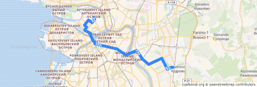 Mapa del recorrido Автобус № 191: станция метро «Петроградская» => река Оккервиль de la línea  en 상트페테르부르크.