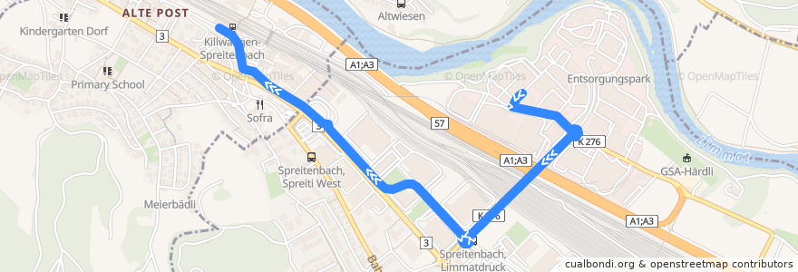 Mapa del recorrido Bus 10: Härdlistrasse => Killwangen, Bahnhof de la línea  en Spreitenbach.