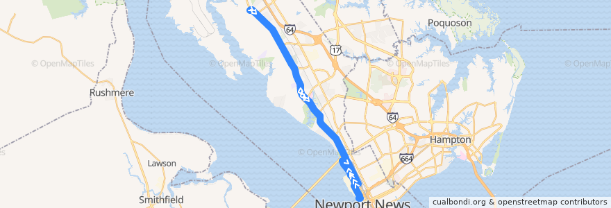 Mapa del recorrido HRT Route 430 de la línea  en Newport News City.