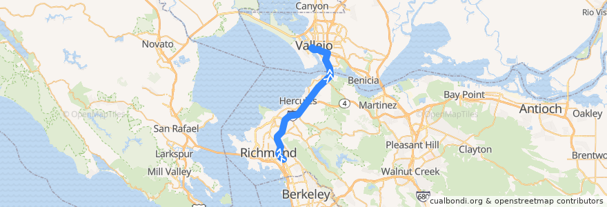 Mapa del recorrido SolanoExpress Red Line: El Cerrito del Norte BART => Vallejo Transit Center de la línea  en Kaliforniya.