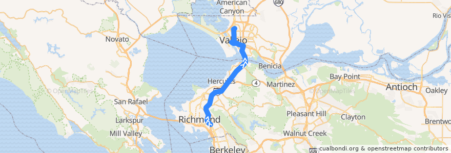 Mapa del recorrido SolanoExpress Red Line: El Cerrito del Norte BART => Vallejo Transit Center => Sereno Transit Center (late nights) de la línea  en California.