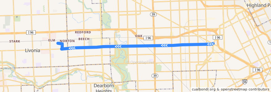 Mapa del recorrido 38 WB: Grand River => PRTC de la línea  en Wayne County.