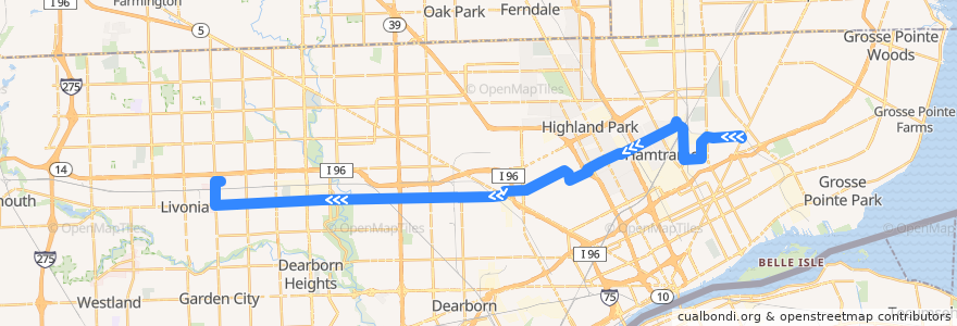 Mapa del recorrido 38 WB: Gratiot => Millennium Park de la línea  en ديترويت.