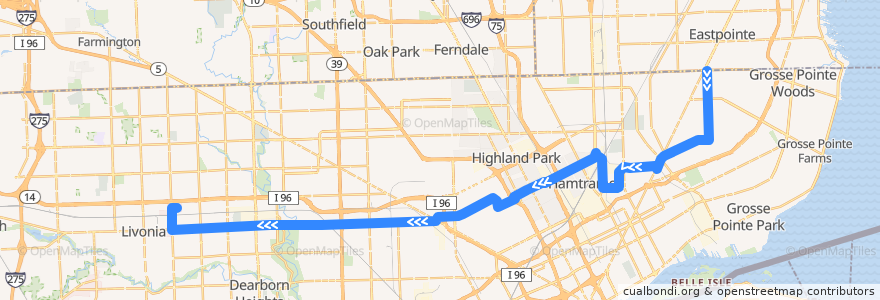 Mapa del recorrido 38 WB: 8 Mile => Millennium Park de la línea  en Detroit.