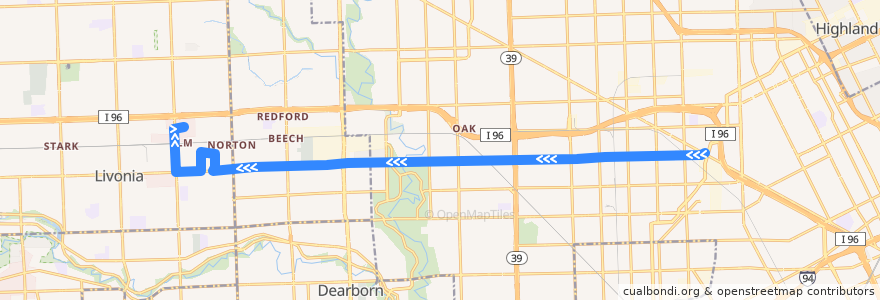 Mapa del recorrido 38 WB: Grand River => Millennium Park via PRTC de la línea  en Wayne County.