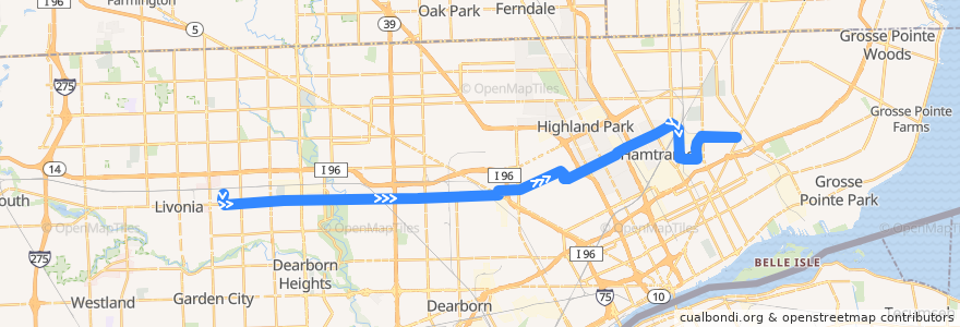 Mapa del recorrido 38 EB: PRTC => Gratiot de la línea  en Detroit.