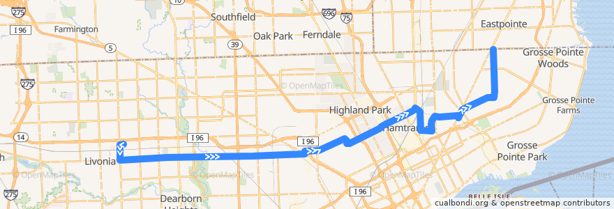 Mapa del recorrido 38 EB: Millennium Park => 8 Mile de la línea  en ديترويت.