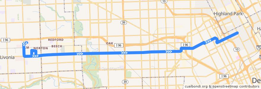 Mapa del recorrido 38 EB: Millennium Park => Woodward via PRTC de la línea  en Wayne County.