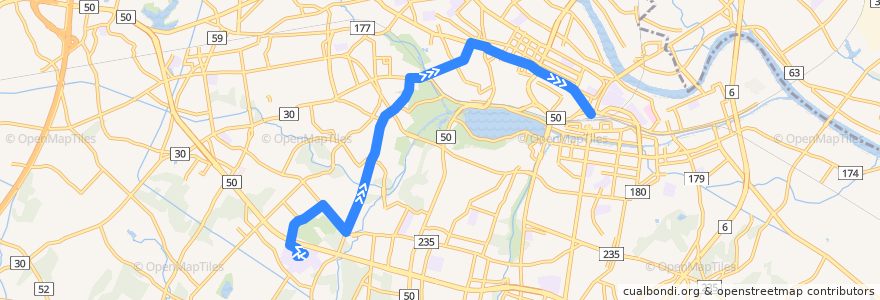 Mapa del recorrido 茨城交通バス30系統 智学館⇒滝下橋⇒水戸駅 de la línea  en 水戸市.