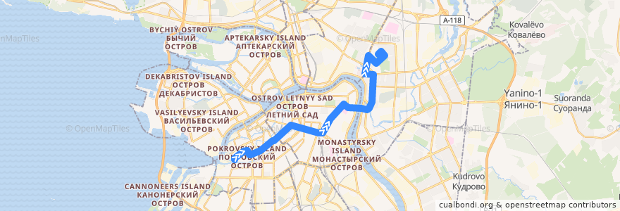 Mapa del recorrido Автобус № 181: площадь Репина => улица Маршала Тухачевского de la línea  en Санкт-Петербург.