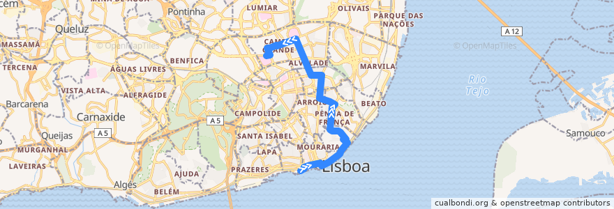 Mapa del recorrido Bus 735: Cais do Sodré → Hospital de Santa Maria de la línea  en لشبونة.