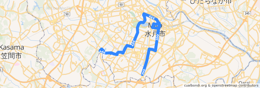 Mapa del recorrido 関東鉄道バス 県自動車学校⇒水戸駅南口・水戸駅・千波⇒市立競技場 de la línea  en 水戸市.