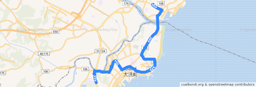 Mapa del recorrido 茨城交通バス 那珂湊駅⇒大洗駅⇒大洗高校 de la línea  en 大洗町.