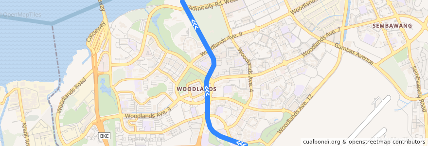 Mapa del recorrido MRT Thomson–East Coast Line (Woodlands South→Woodlands North) de la línea  en 西北区.