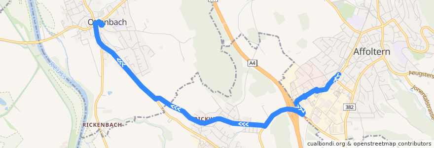 Mapa del recorrido Bus 213: Affoltern a.A., Bahnhof => Ottenbach, Zentrum de la línea  en Bezirk Affoltern.