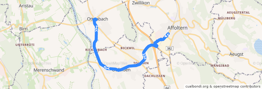 Mapa del recorrido Bus 212: Affoltern a.A., Bahnhof => Ottenbach, Zentrum (Weg A) de la línea  en Bezirk Affoltern.