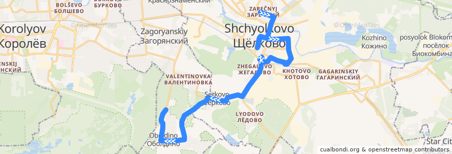 Mapa del recorrido Автобус 36: Щёлково (микрорайон Заречный) => Оболдино de la línea  en городской округ Щёлково.